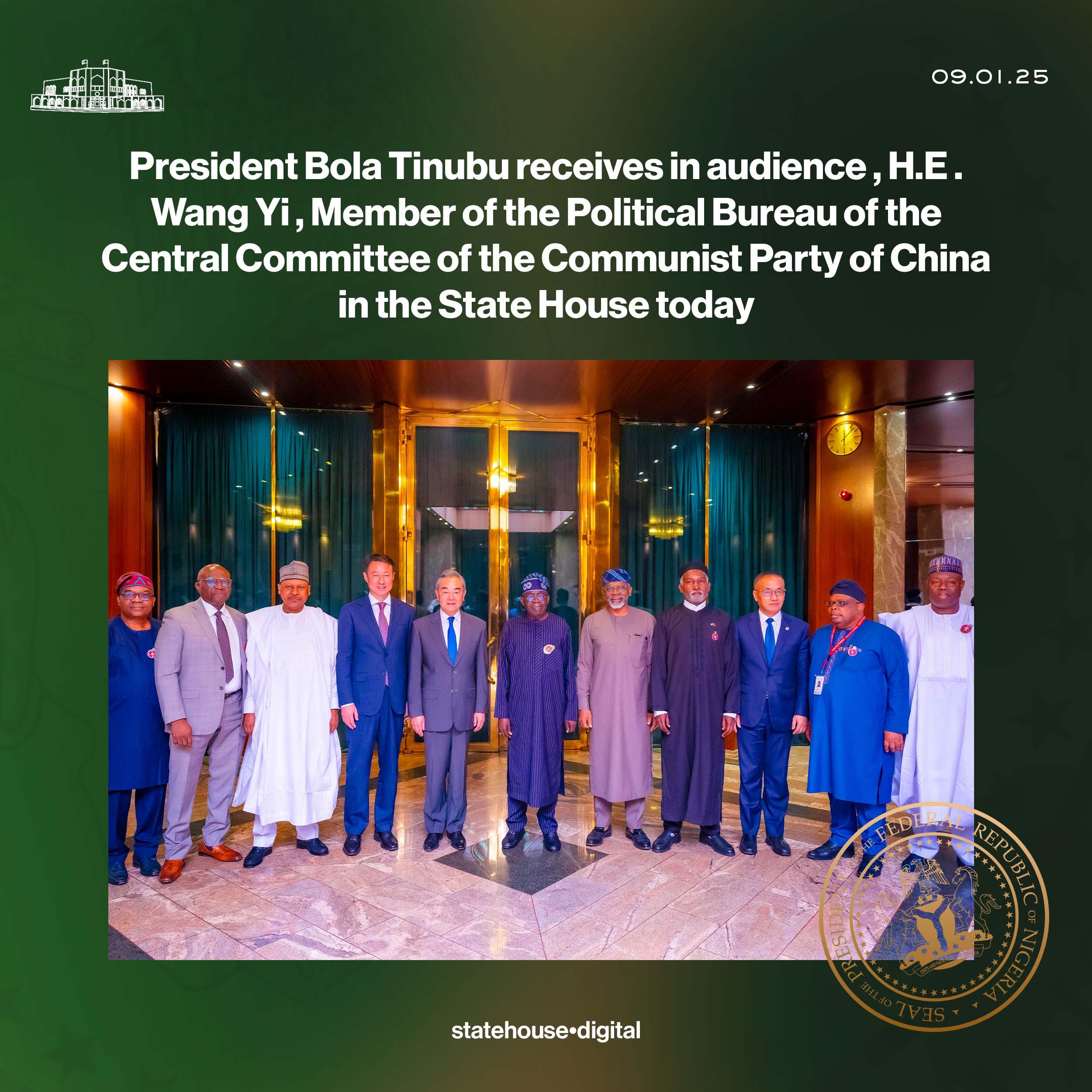 President Bola Tinubu recieves H.E Foreign Minister Wang YI in the State House